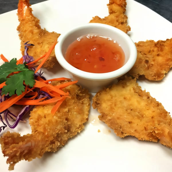 Crispy fried shrimp with sweet chili dipping sauce, garnished with shredded carrots and cilantro.