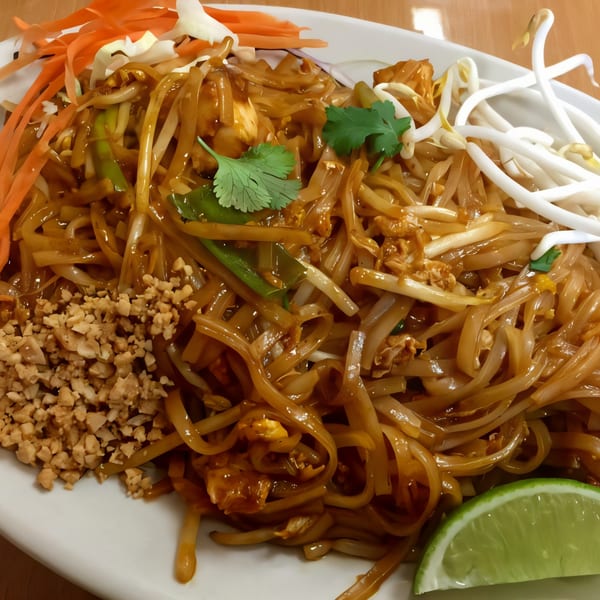 Tasty Thai Cuisine's Pad Thai with noodles, bean sprouts, carrots, peanuts, and a lime wedge.