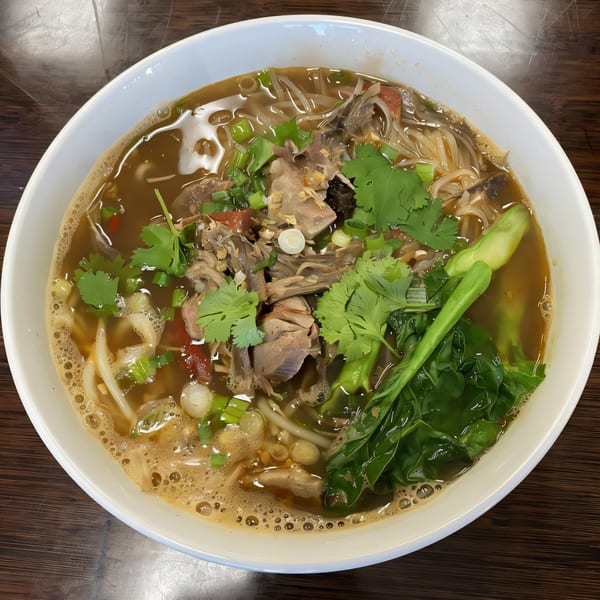 A bowl of Thai noodle soup with duck, green onions, cilantro, and bok choy.